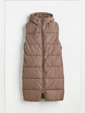 NWOT H&M Hooded Long Puffer Vest in Taupe Brown, Size M